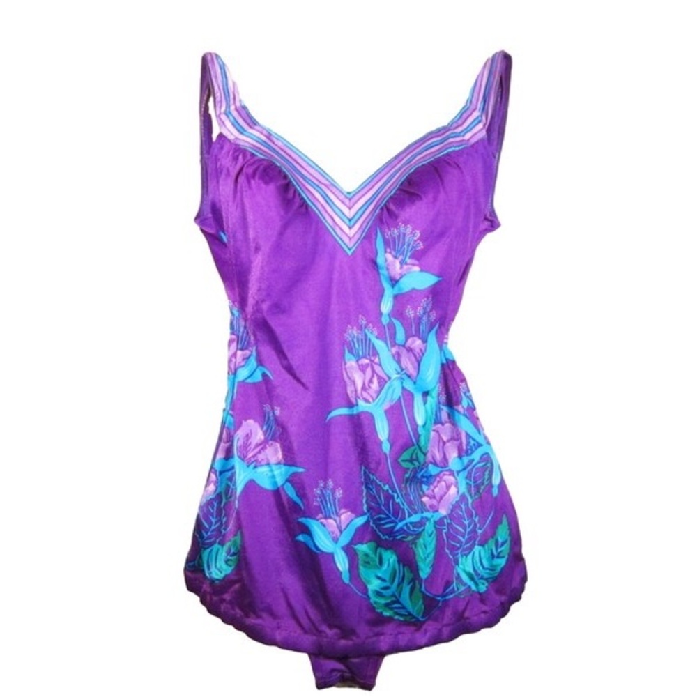 Vintage 1970s 70s Purple Floral One-Piece Swimsuit Mid Century Mod Bathing Suit
